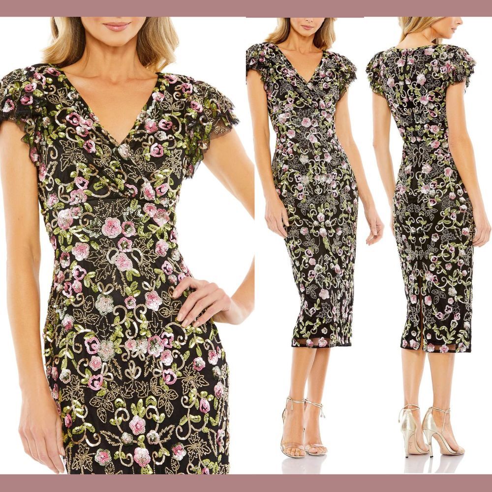 NWT Mac Duggal [‎ 16 ] 5722 Floral Embellished Flutter Cap Sleeve Dress BLACk